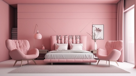 粉色室内设计背景图片_装饰柔和的粉色卧室，配有家具镜子扶手椅和桌子 3D 插图