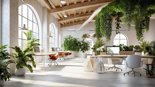 厂房招租背景图片_充满活力的办公中心，绿树成荫，创意和现代开放式工作空间的 3D 呈现