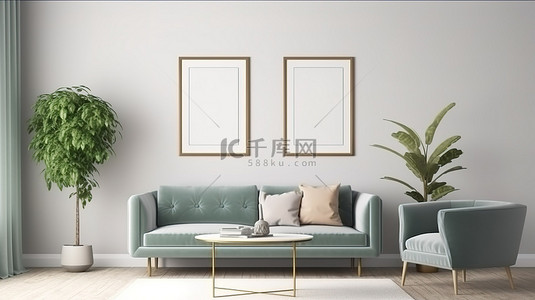 豪华客厅室内设计与现代沙发和扶手椅 3d 渲染和插图