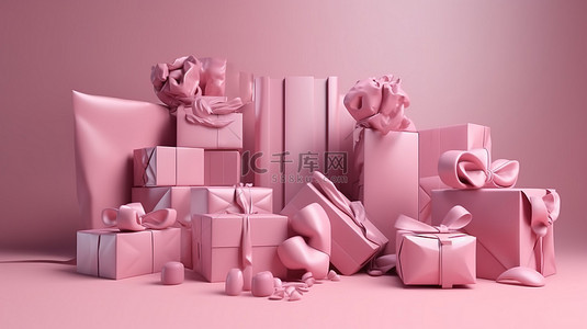 粉红色主题生日庆祝活动一系列 3D 渲染的礼品盒，包装好，准备送礼