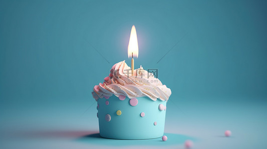蓝色背景上带有 9 号蜡烛的柔和生日蛋糕 3d 渲染派对场景与复制空间