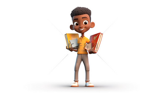 狂热的读者 3D 渲染年轻的非洲男子手持书籍拥抱文学