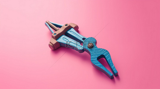 充满活力的粉红色背景 3d 渲染上险恶的双色调风格木制弹弓玩具武器
