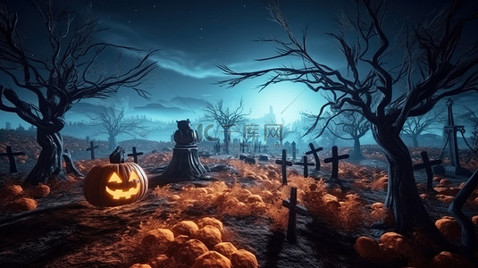 在月亮背景图片_幽灵般的墓地场景杰克灯笼墓地和死树在 3D 万圣节渲染