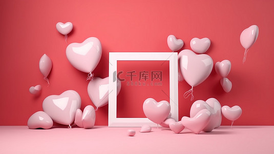 情人节浪漫 3D 艺术白色相框和漂浮在粉红色背景上的红心