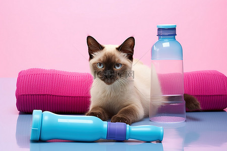暹罗小猫躺在垫子上，上面放着水瓶和运动工具