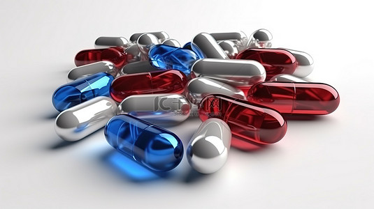医疗卫生宣传展板背景图片_浅色背景上充满活力的红色和蓝色胶囊药丸 3D 医学插图