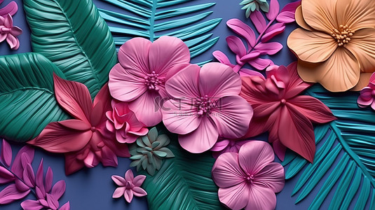 3d 橡皮泥边框，由热带树叶和花朵组成