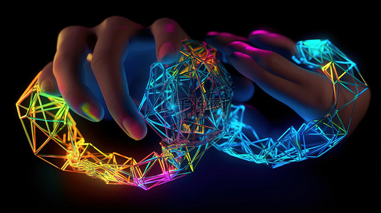 彩色霓虹灯几何手镯在 3D 人造女手上发光