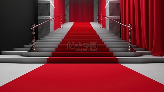 贵宾贵宾背景图片_带有红地毯屏障柱和贵宾氛围的楼梯的 3d 渲染