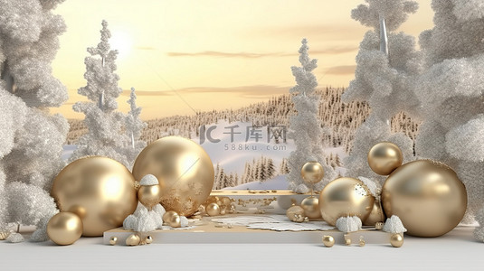 白色冬季仙境景观上带有星星和球体的发光讲台的 3D 渲染