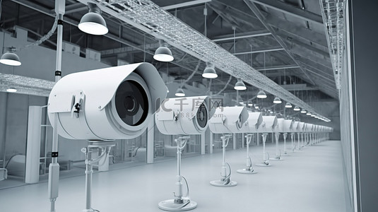 安全摄像机或闭路电视摄像机的工厂监控 3D 渲染