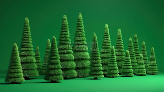 圣诞树和节日装饰在绿色隔离背景下的节日 3D 渲染
