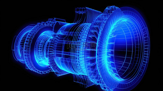 制造业背景图片_形成燃气涡轮发动机模型的蓝色粒子和线条的 3D 渲染