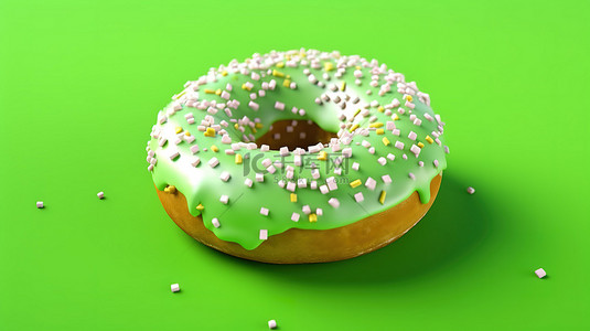 美味甜甜圈的 3D 渲染视图，在充满活力的绿色背景上撒上彩色糖霜和洒水