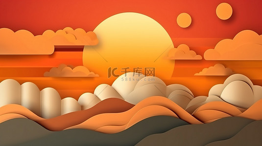 空气轻盈背景图片_纸艺风格 3D 插图，呈现傍晚天空和云彩中引人注目的橙色日落