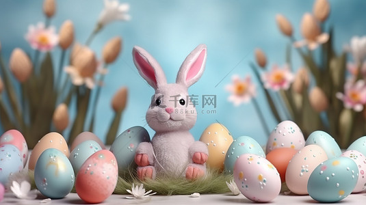 令人愉快的复活节场景可爱的卡通兔子耳朵和彩色彩绘鸡蛋在柔和的背景 3D 渲染