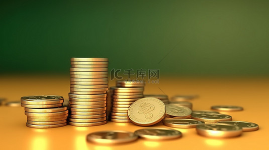 一堆钞票背景图片_3D 渲染金钱概念的插图一堆硬币和钞票