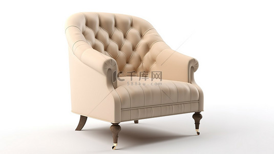 复古室内背景图片_白色背景隔离米色皮革扶手椅的 3d 渲染