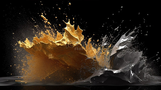 飞溅的金粉背景图片_3d 渲染中金色和银色灰尘颗粒的抽象飞溅