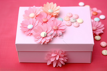 彩色糖果背景图片_粉色盒子，里面有纸花粉色方旦糖和彩色糖果