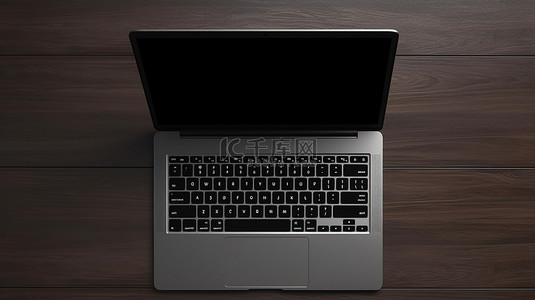 黑色互联网背景图片_以 3D 呈现的黑色木质背景上打开的笔记本电脑的顶视图