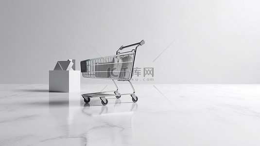 购物商场背景背景图片_灰色平台上的空信用卡和杂货车，在白色背景上进行 3D 渲染