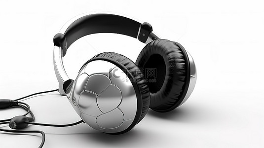 带有经典足球和黑色耳机的白色孤立背景的 3D 插图