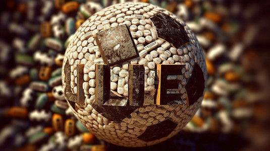 形成“生命”一词的足球纹理的 3D 渲染