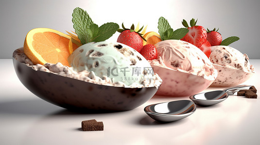 冰沙冰淇淋冰淇淋背景图片_多汁的 3d 渲染冰淇淋勺注入榛子薄荷巧克力橙和草莓