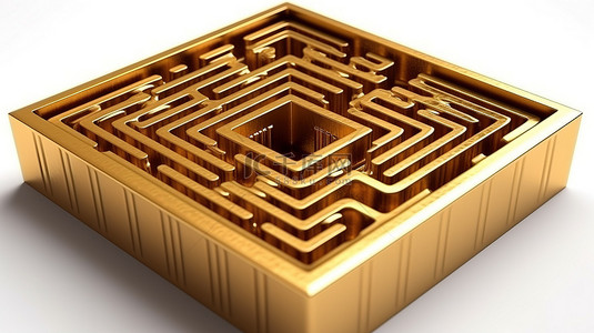 等距抽象迷宫 3D 插图中图像 1 金色迷宫立方体的标题