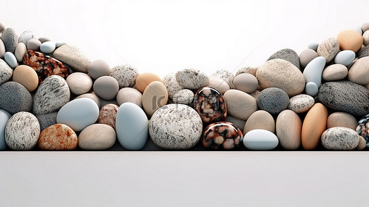 3D 渲染天然石材卵石和大理石在清晰的白色背景上的插图，非常适合广告产品水疗护理和放松