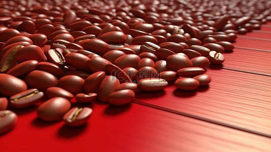3D 渲染中红色木桌上顶视图上的一堆棕色咖啡豆