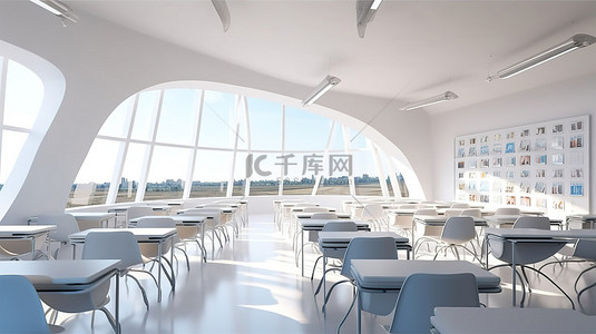 网信普法教育背景图片_时尚的教室拥有宽敞的全景窗户和现代白色书桌，令人惊叹的 3D 渲染