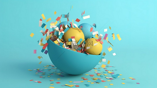 代金券字背景图片_蓝色背景，纸屑球和纸围绕着 3d 渲染中的空优惠券