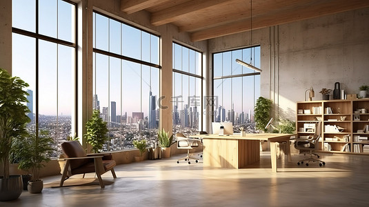 企业内部背景图片_令人惊叹的联合办公内部的 3D 渲染，配有木质装饰和城市景观，配有家具和电器