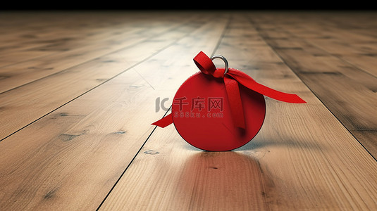 3d 渲染木桌，带红丝带和弓空白圆圈销售标签
