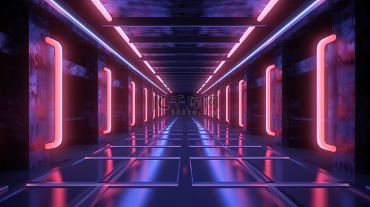 黑色工业背景图片_工业走廊上带有霓虹灯线的发光地下隧道的 3D 渲染
