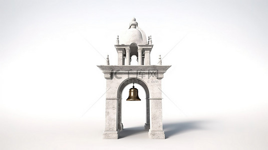 欧洲教堂建筑背景图片_孤独的钟楼，装饰着拱门和在原始白色背景上以 3D 形式创建的悬挂钟