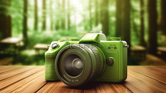 绿色经营背景图片_绿色相机在模糊的木质背景中描绘生态旅游 3D 插图