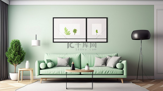 客厅的 3D 渲染，配有浅绿色沙发咖啡桌和海报框架