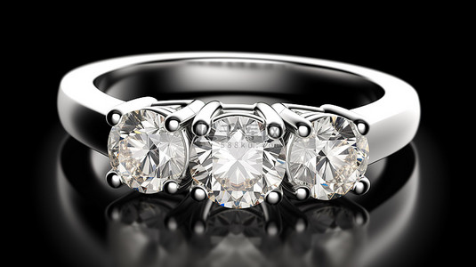 站立式 3 石订婚戒指的白金 3D 渲染
