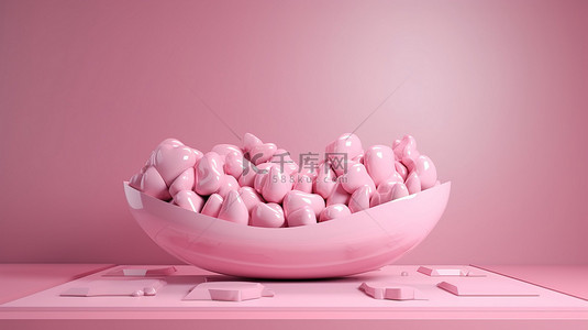 用于产品演示的 3D 渲染中的粉红心抽象组合