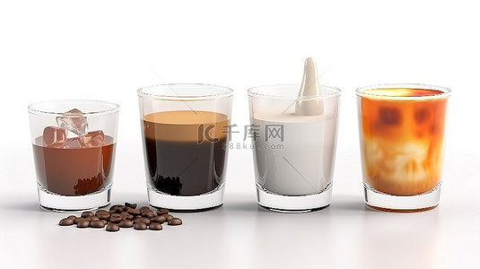 玻璃和豆子中的各种咖啡饮料 3d 在白色背景上以卡通风格呈现插图