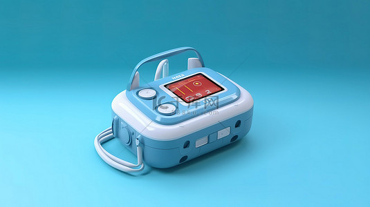 蓝色背景下用于医疗保健的便携式心脏监测设备的 3D 渲染