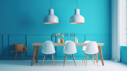 浅色家具背景图片_舒适的浅色餐厅内部特写 3D 渲染，带有空白的蓝色墙壁