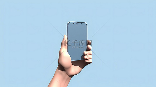 手机卡通手背景图片_孤立背景下卡通手抓握手机的 3D 插图