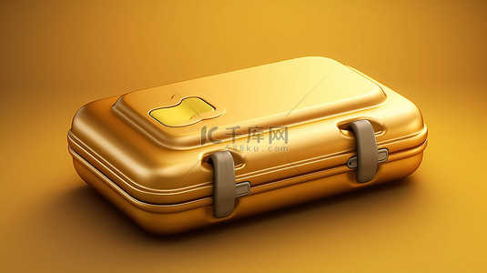的行李箱背景图片_滚动手提箱图标 3D 渲染金色行李箱在哑光金板社交媒体符号上滚动