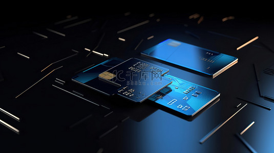 背景上蓝色信用卡的无现金支付概念 3D 渲染