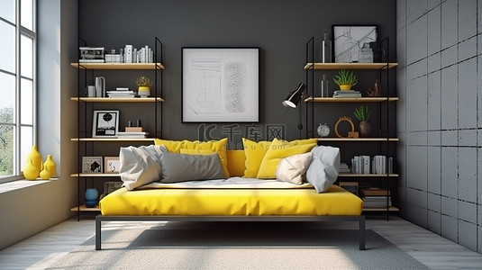 现代宿舍房间时尚的灰色墙壁，充满活力的黄色书柜和两张单人床，具有个人风格的 3D 室内概念